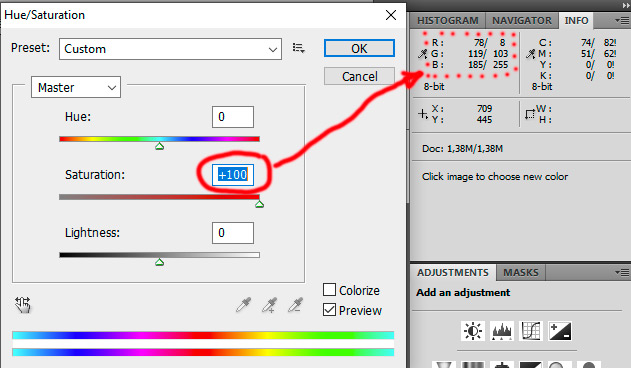 Screenshot des Sättigungswerkzeugs von Photoshop